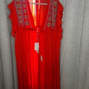 Free People Roaring Red Embroidered Boho Midi Dress NWT